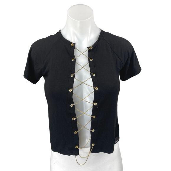 O-Mighty Black Lace Up Chain Strap Cutout Short Sleeve Cropped Tee T-shirt Top M - Picture 1 of 5
